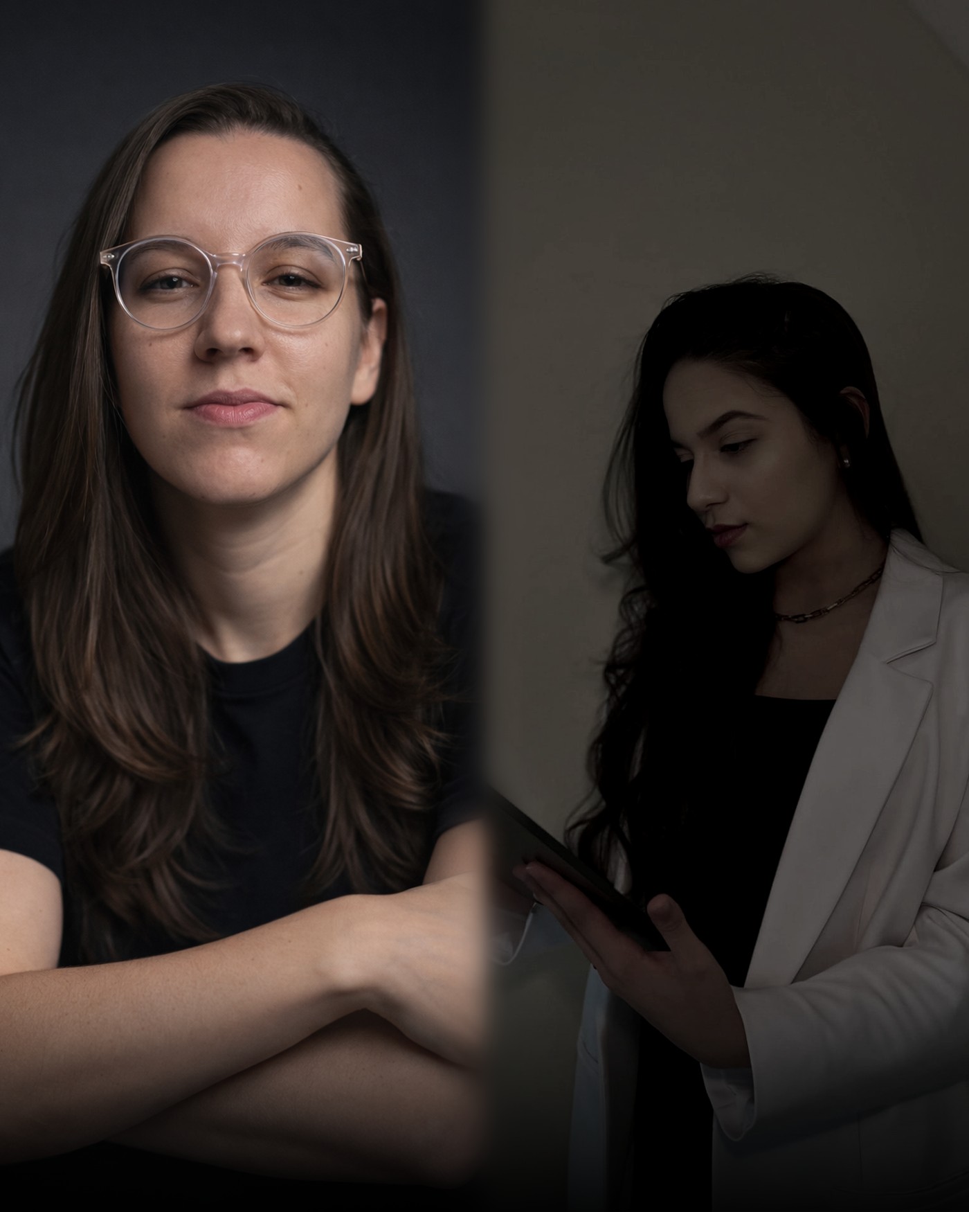 Aline Godoi e Amy Paiva, CEOs da Upper Agency, em retrato profissional sobre fundo preto